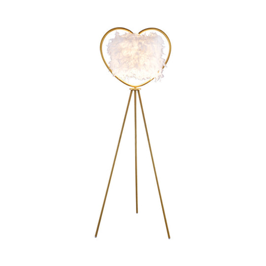 Modern Metallic 1-Head Black/Gold Finish Floor Lamp With Feather Shade & Loving Heart Frame