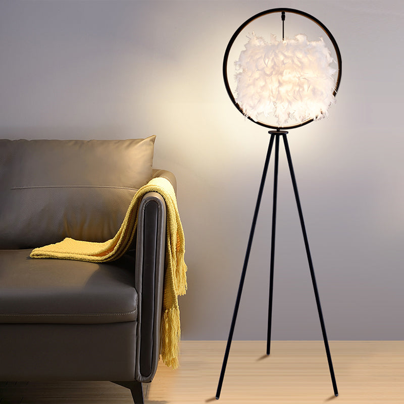 Postmodern Black/Gold Tripod Floor Lamp With Feather Shade - 1-Bulb Metal Standing Light