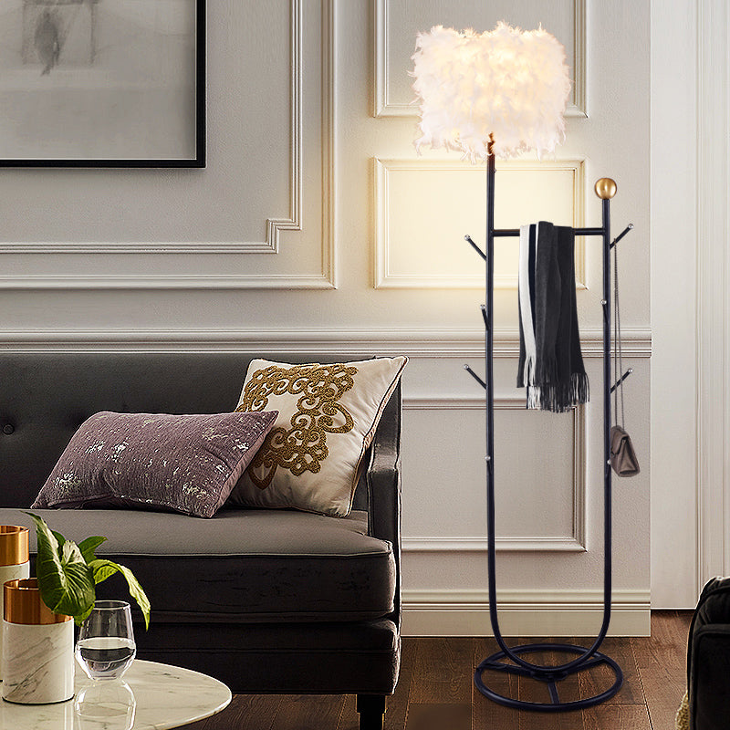 U-Shape Metallic Tree Floor Lamp 1-Light Black/Gold Finish With Feather Shade - Simple And Stylish