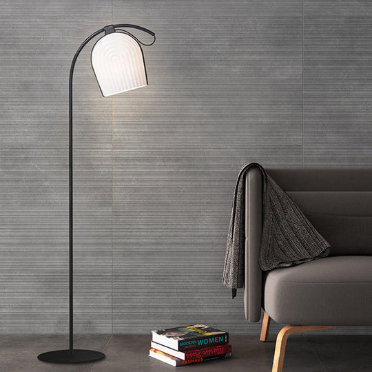 Modernist Black Finish Stand Up Floor Lamp With White Ribbed Glass