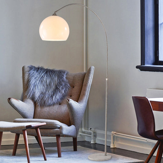 Frosted Glass Global Floor Light With Arched Arm - Minimalist White Standing Lamp