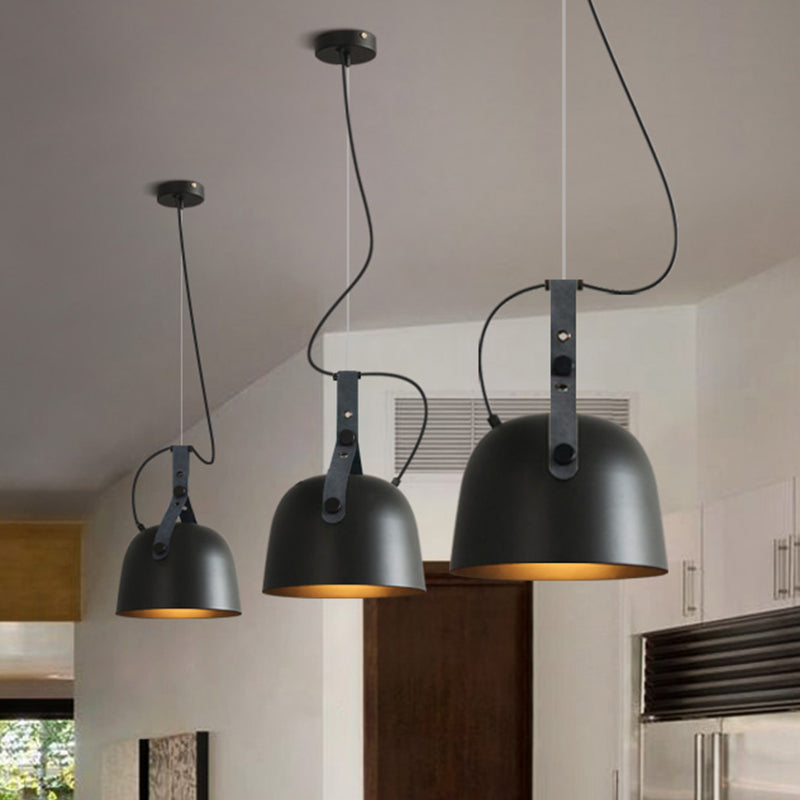 Industrial Style Dome Hanging Lamp In Black/Silver/Copper With Leather Strap - 7’/9.5’ Dia 1