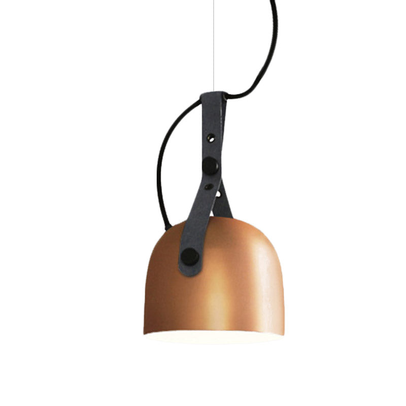 Industrial Style Dome Hanging Lamp In Black/Silver/Copper With Leather Strap - 7’/9.5’ Dia 1