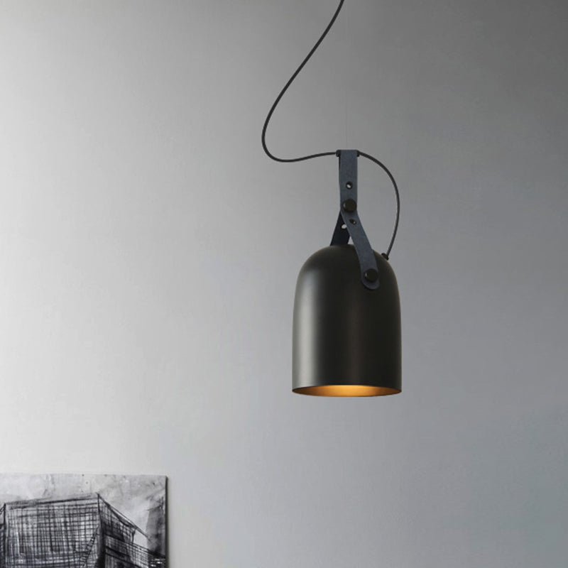 Industrial Style Dome Hanging Lamp In Black/Silver/Copper With Leather Strap - 7’/9.5’ Dia 1