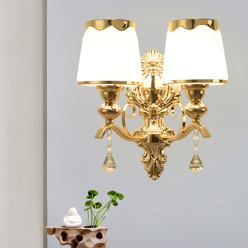 Barrel Shade Opal Glass Wall Lamp - Modern 2-Light Fixture For Bedroom In Gold