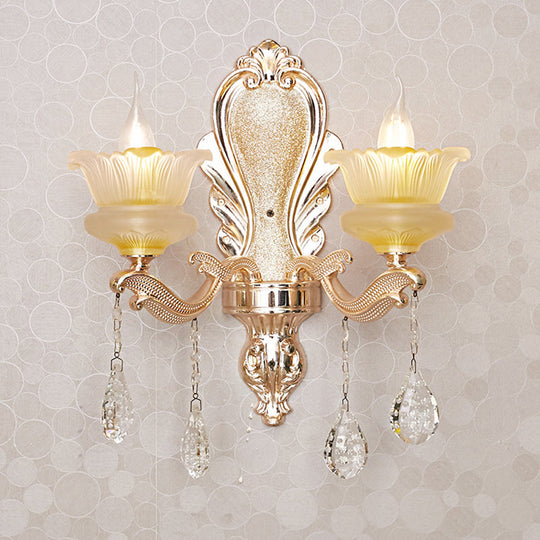 Mid-Century Crystal Wall Sconce With 2-Bulb Floral Design In Gold For Living Room Lighting