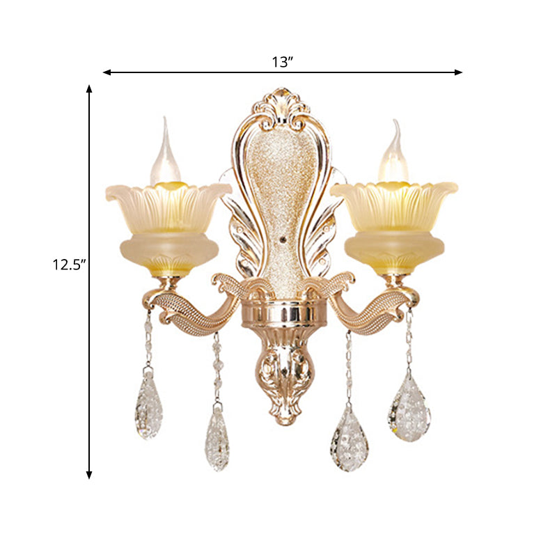 Mid-Century Crystal Wall Sconce With 2-Bulb Floral Design In Gold For Living Room Lighting