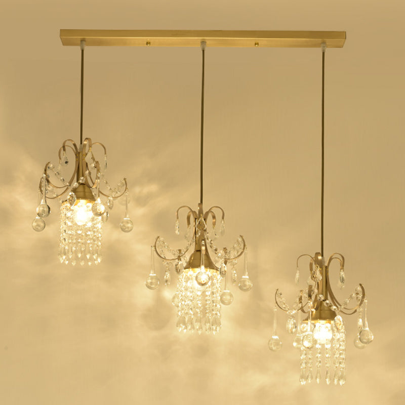 Minimalist Brass Cylindrical Island Pendant Light With Crystal Drip - 3 Bulb Suspension Lamp