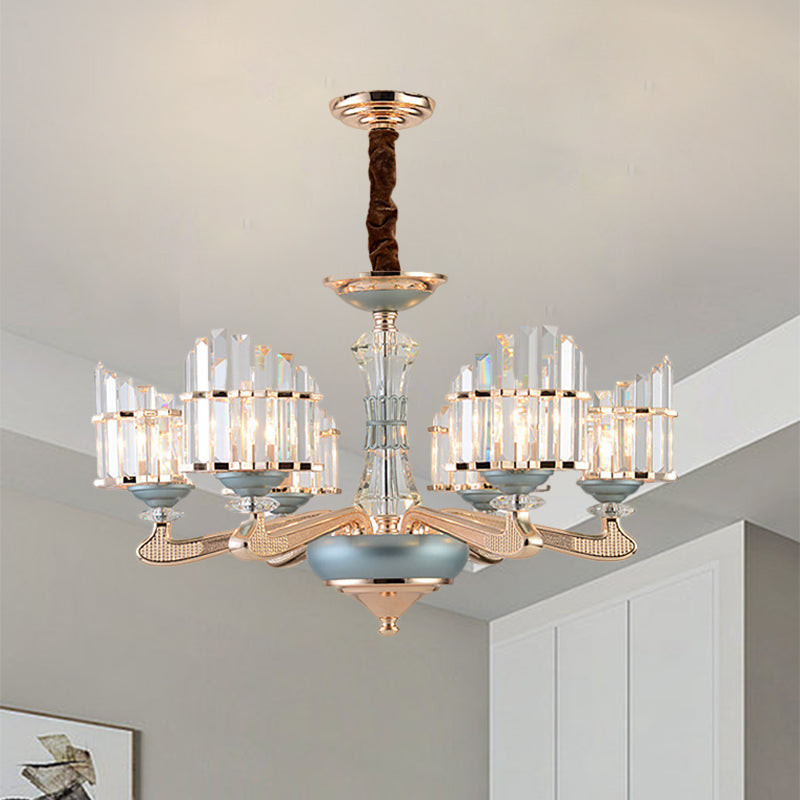 Contemporary Crystal Block Arced Panel Chandelier With 6 Bulbs Gold Pendulum Light And Blue Ceramic