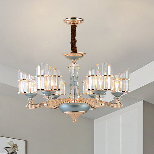 Contemporary Crystal Block Arced Panel Chandelier With 6 Bulbs Gold Pendulum Light And Blue Ceramic