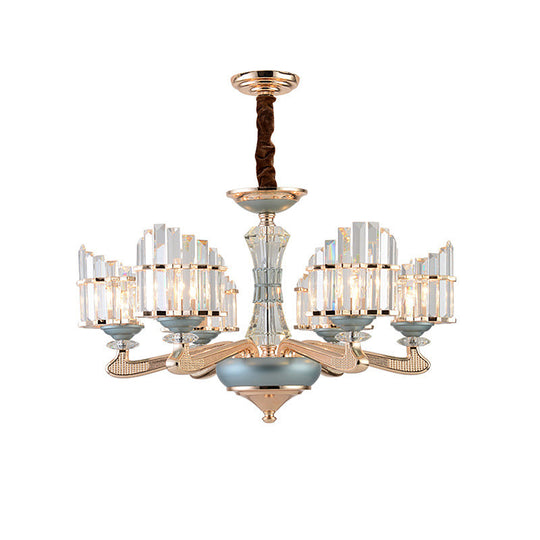 Contemporary Crystal Block Arced Panel Chandelier With 6 Bulbs Gold Pendulum Light And Blue Ceramic