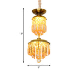 Gold Led Hanging Chandelier With 2-Tier Cylinder Shade And Umber Crystal - Modernist Hallway