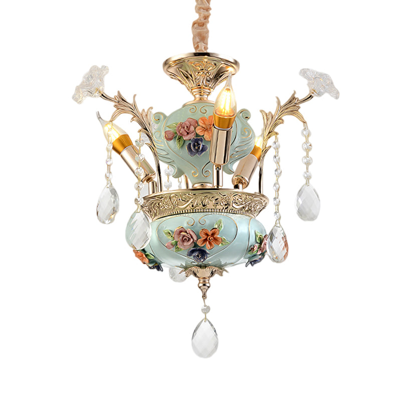 Contemporary Blue Ceramics Candelabra Suspension Lamp With Crystal Accents - 3 Bulb Dining Room