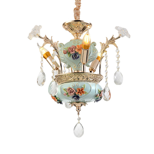 Contemporary Blue Ceramics Candelabra Suspension Lamp With Crystal Accents - 3 Bulb Dining Room