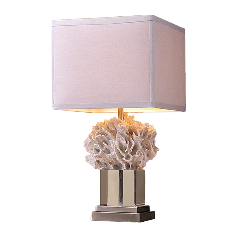 Rose - Rustic Single Resin Night Table Lamp White Seaweed Bedroom Nightstand Light With Cube Fabric