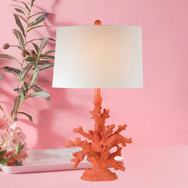 Arya - Green/Red Resin Table Lighting Coral 1 Bulb Countryside Night Stand Lamp With Drum Fabric