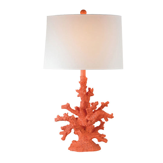 Arya - Green/Red Resin Table Lighting Coral 1 Bulb Countryside Night Stand Lamp With Drum Fabric