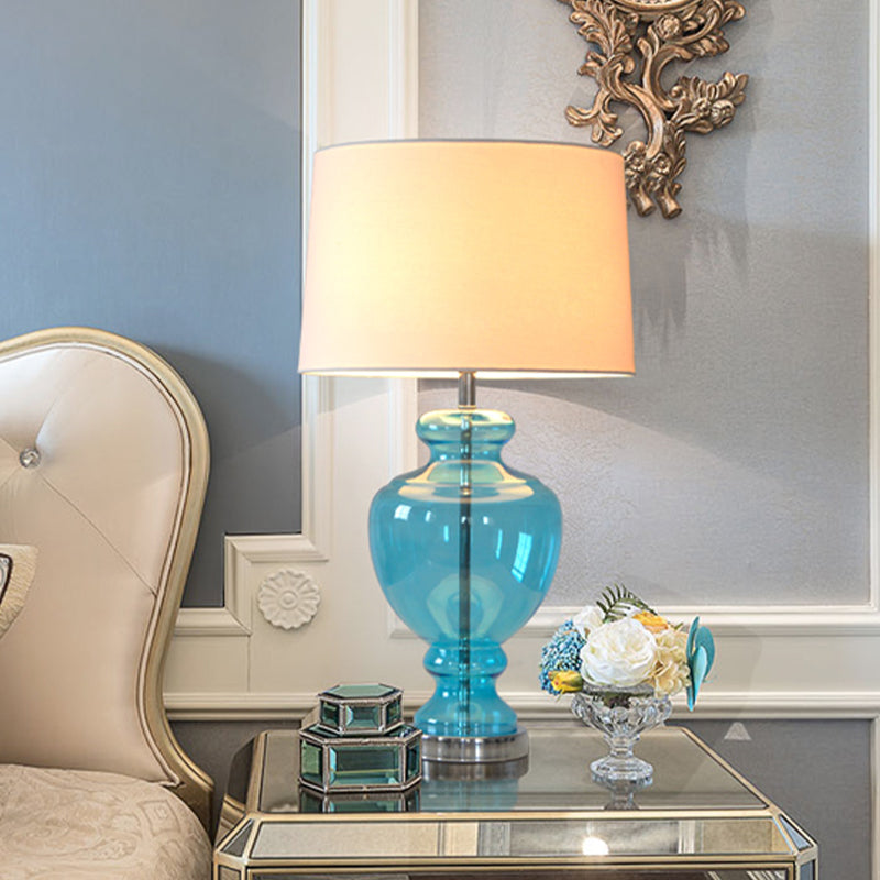 Annamaria - Retro 1 Head Table Lighting Bedroom Nightstand Lamp With Urn Blue Glass Base And Drum