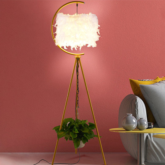 Feather Deco Drum Floor Lamp - Contemporary Tri-Leg Design Black/Gold Perfect For Single Bedrooms