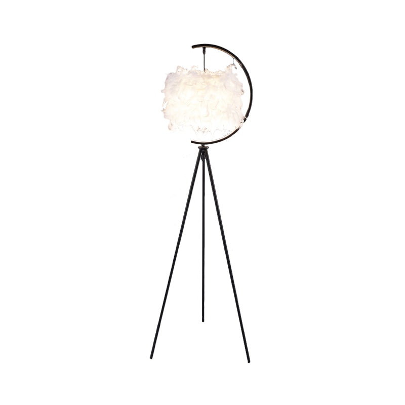 Feather Deco Drum Floor Lamp - Contemporary Tri-Leg Design Black/Gold Perfect For Single Bedrooms