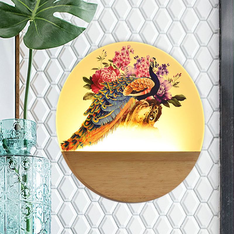 Peacock Blossom Wall Mural Lamp: Asian Style Led Wood Mount For Bedroom