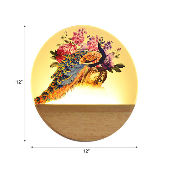 Peacock Blossom Wall Mural Lamp: Asian Style Led Wood Mount For Bedroom