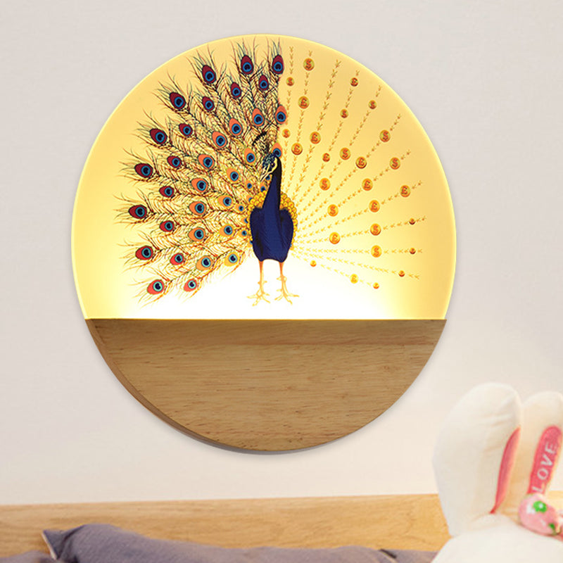 Peacock Blossom Wall Mural Lamp: Asian Style Led Wood Mount For Bedroom / B