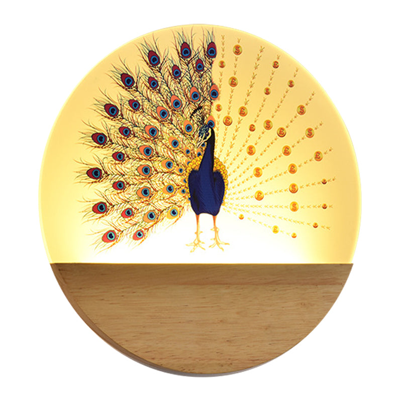 Peacock Blossom Wall Mural Lamp: Asian Style Led Wood Mount For Bedroom