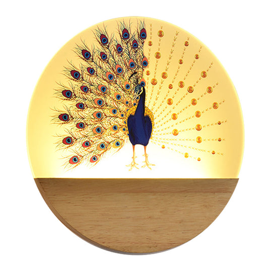 Peacock Blossom Wall Mural Lamp: Asian Style Led Wood Mount For Bedroom