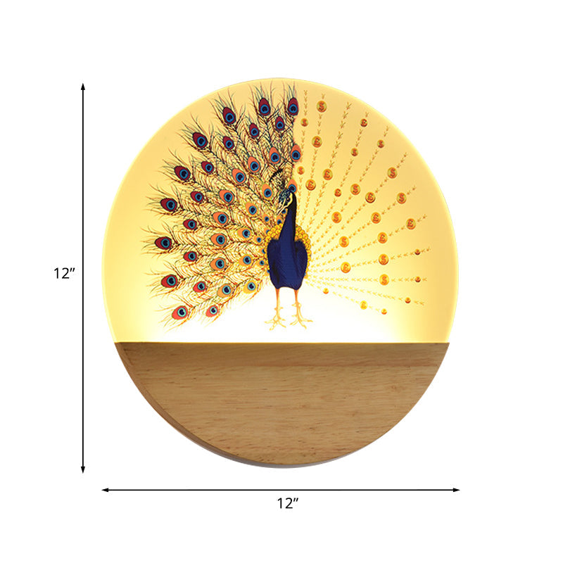 Peacock Blossom Wall Mural Lamp: Asian Style Led Wood Mount For Bedroom