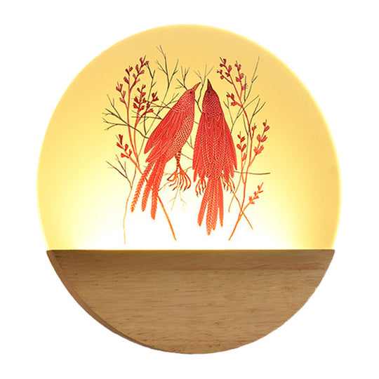 Chinese Style Wood Round Bird And Tree Led Acrylic Wall Light - Ideal Bedside Lighting