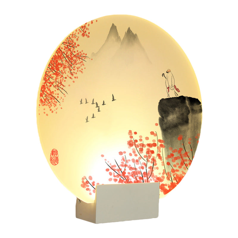 Led Oriental Style Wall Lamp With White Acrylic Shade - Mountain And Flower Design