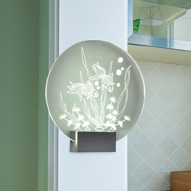 Modern Led Acrylic Wall Lamp: Clear Rounded Fish And Coral Mural Asian-Inspired Lighting For