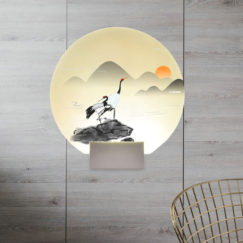 Chinese Style Acrylic Mural Light Led Wall Mounted Lamp White With Mountain And Crane Design