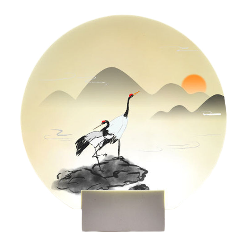 Chinese Style Acrylic Mural Light Led Wall Mounted Lamp White With Mountain And Crane Design
