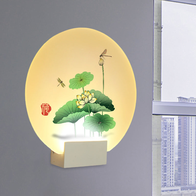 Lotus Leaf & Dragonfly Pattern Led Wall Light -Asia Style Circular Acrylic Mural In White