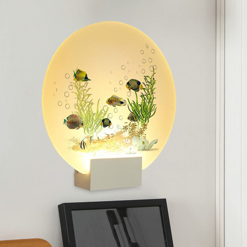 Oriental Led Acrylic Undersea Mural Light With Fish And Plant Design White Circular Wall Lighting
