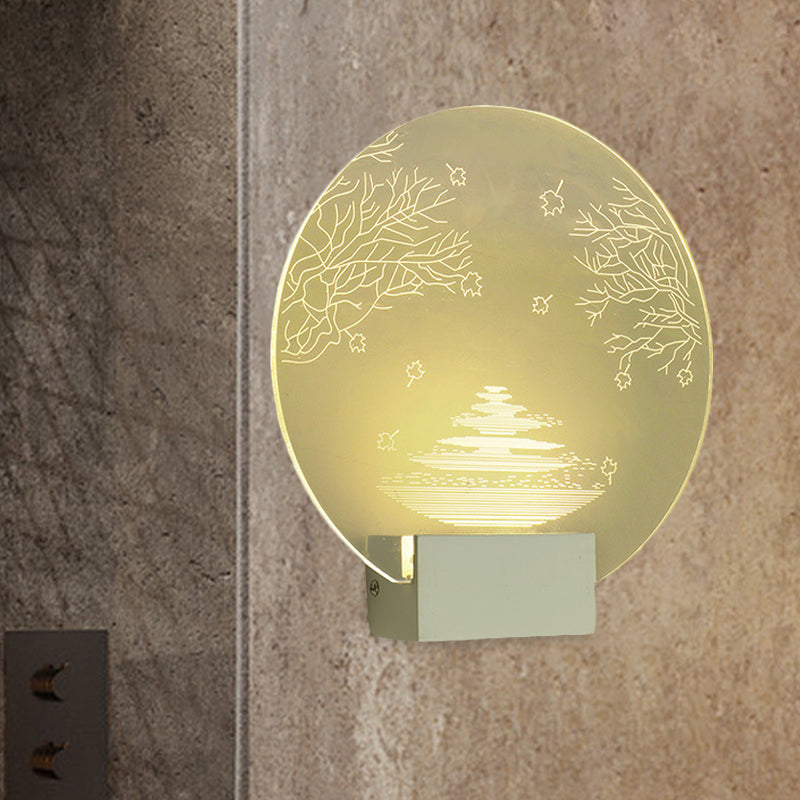 Led Acrylic Oriental Wall Lamp With Rounded Ripple And Tree Mural Design