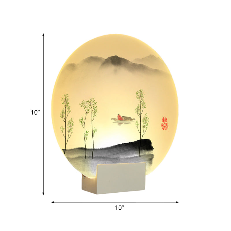 Oriental Led Acrylic Wall Lamp | Circular Mountain Boat Mural White Lighting