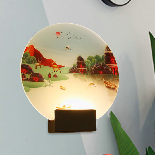 Chinese Style Wall Lamp With Led Acrylic Mural Featuring Black Elk And Lake