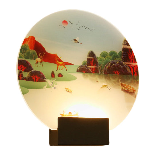 Chinese Style Wall Lamp With Led Acrylic Mural Featuring Black Elk And Lake