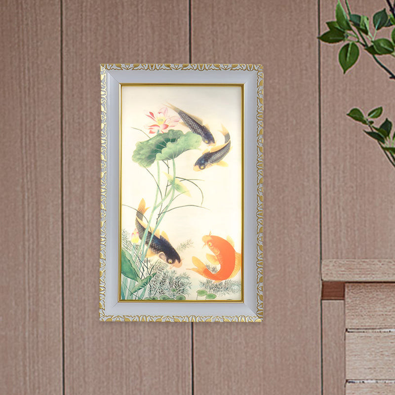 Oriental Led Wall Light With Fish And Lotus Leaf Design - Red Black Acrylic Rectangle Mural