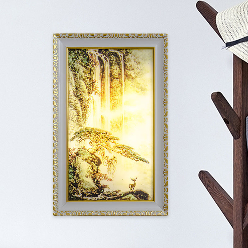 Chinese Acrylic Wall Mural Light - Led Gold Lighting With Pine Tree And Waterfall Pattern