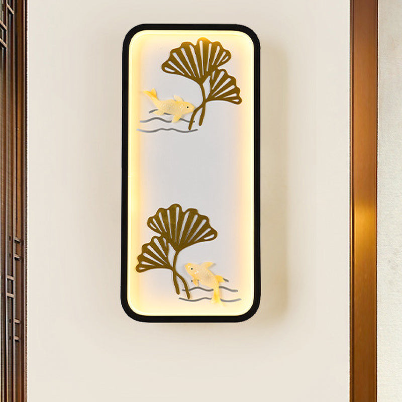 Chinese Style Black Ginkgo Led Wall Lamp With Metal Shade - Bedroom Mounted Lighting