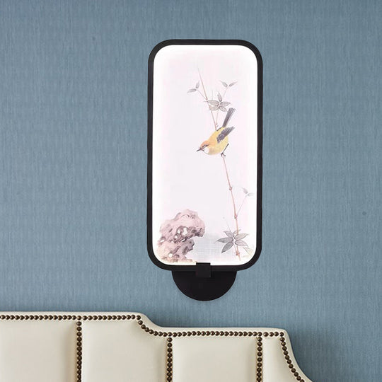 Chinese Style Acrylic Wall Mural Led Lamp: Rectangle Black Wall-Mounted With Bird Pattern