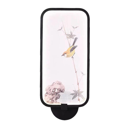 Chinese Style Acrylic Wall Mural Led Lamp: Rectangle Black Wall-Mounted With Bird Pattern