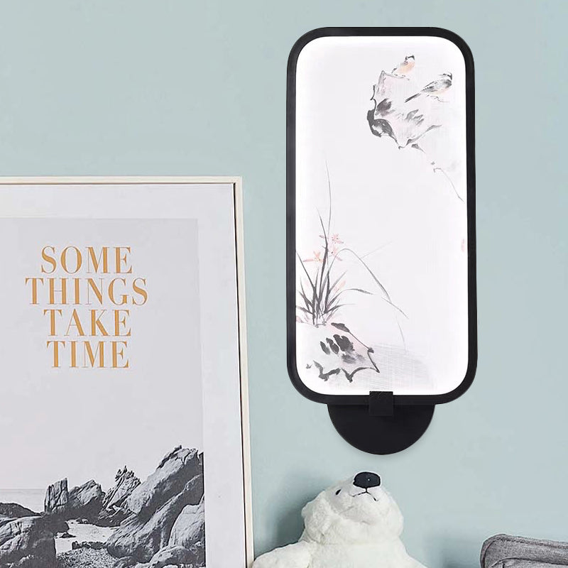 Chinese Style Acrylic Wall Mural Led Lamp: Rectangle Black Wall-Mounted With Bird Pattern / A