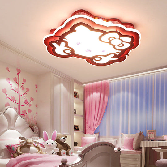 Cartoon Led Ceiling Lamp - Acrylic Peace Sign Kitty Mount Light For Baby Girls Room Red / 16’ Warm