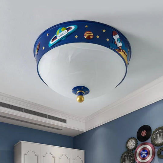White Glass Bowl Ceiling Light - Cartoon Led Blue Flush Mount With Space Pattern In Warm/White