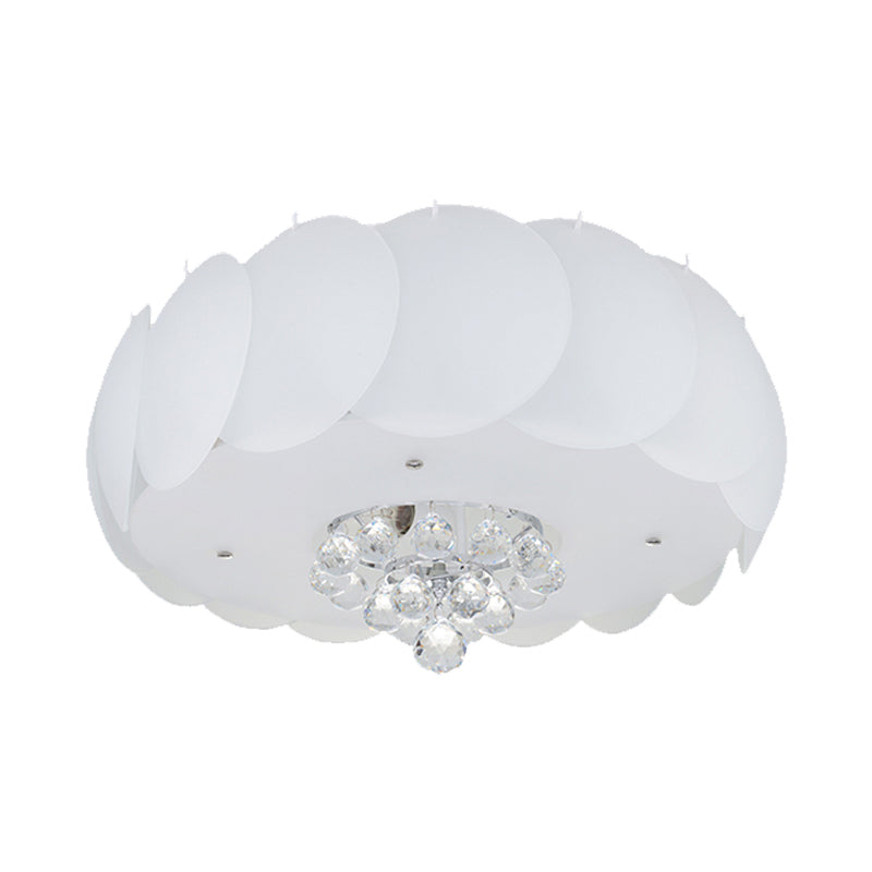 Modern Frosted Glass Flushmount Ceiling Lamp With Crystal Ball - Drum Design White Finish Available